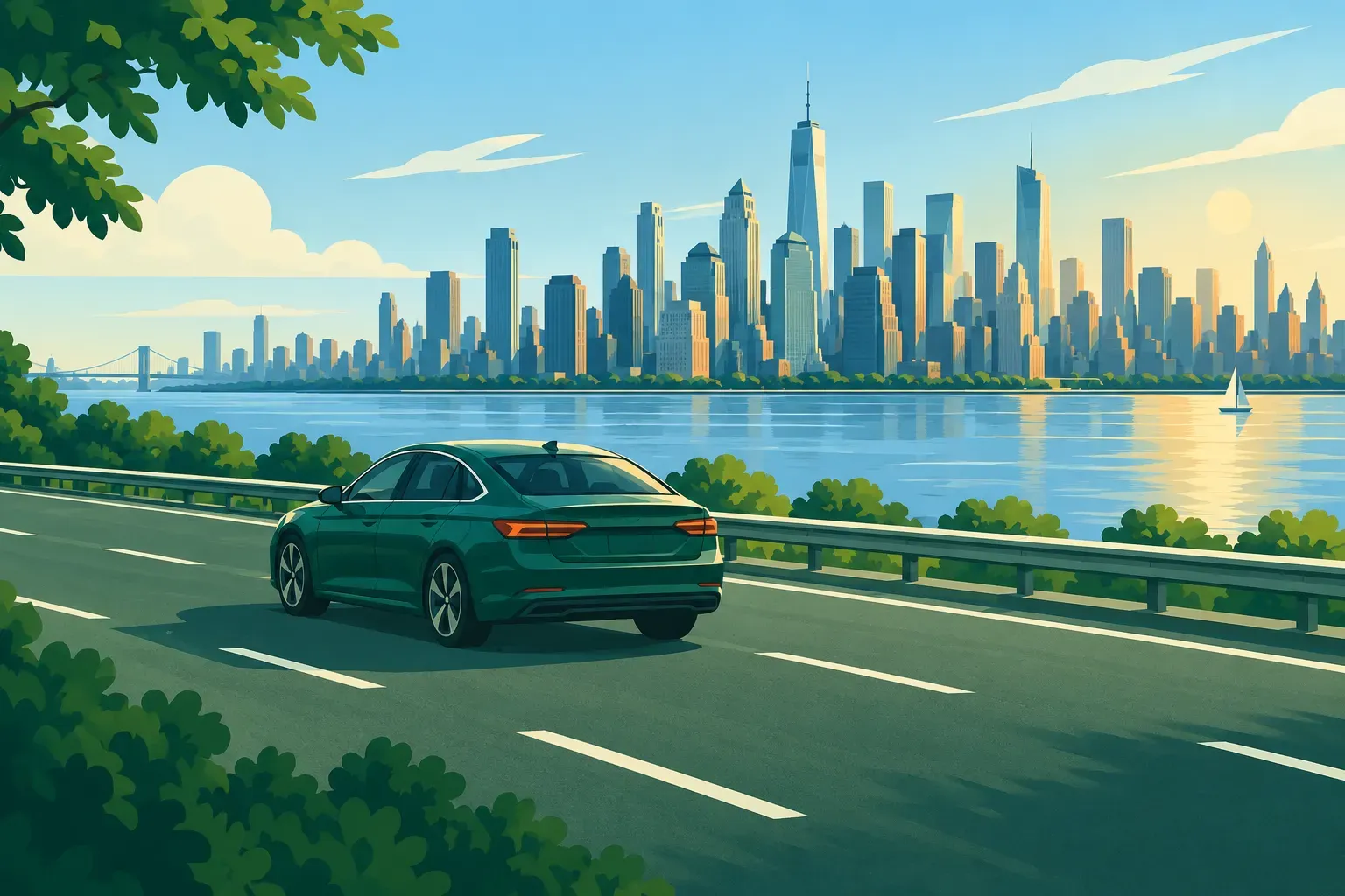 A highway with a city skyline across a river, a typical landscape of New York