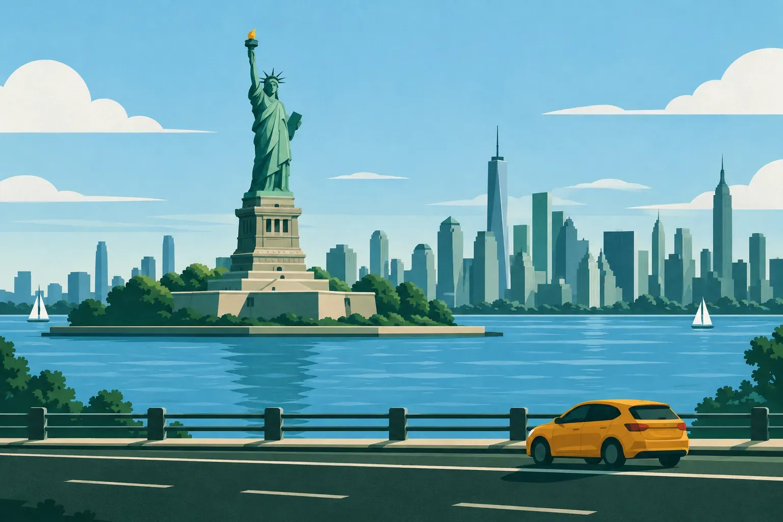 The Statue of Liberty in the harbor with the Manhattan skyline behind, in New York